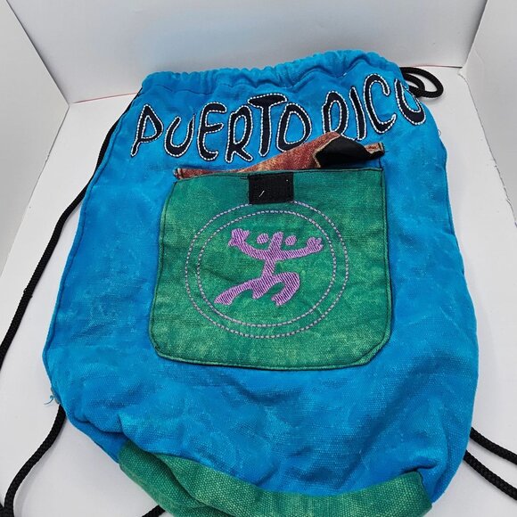 Handcrafted Puerto Rico Drawstring Backpack In Blue & Green With Embroidered Sym - Picture 7 of 7